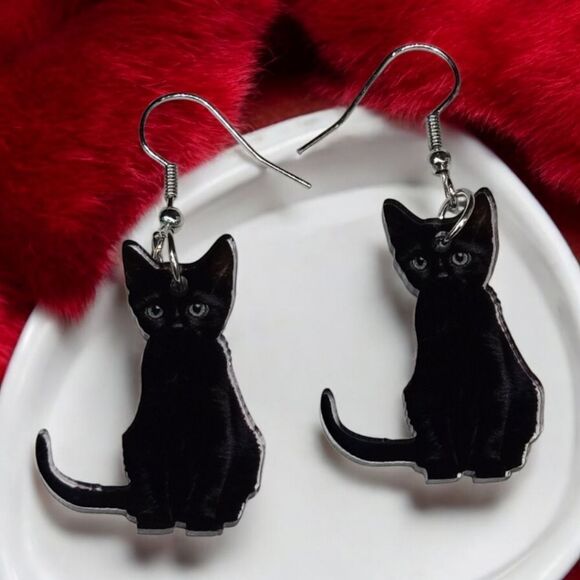 Black Cat 🐈‍⬛ Earrings Gothic Dangle Shiny Acrylic Bad Luck Kitty Cute Creepy - Picture 8 of 9